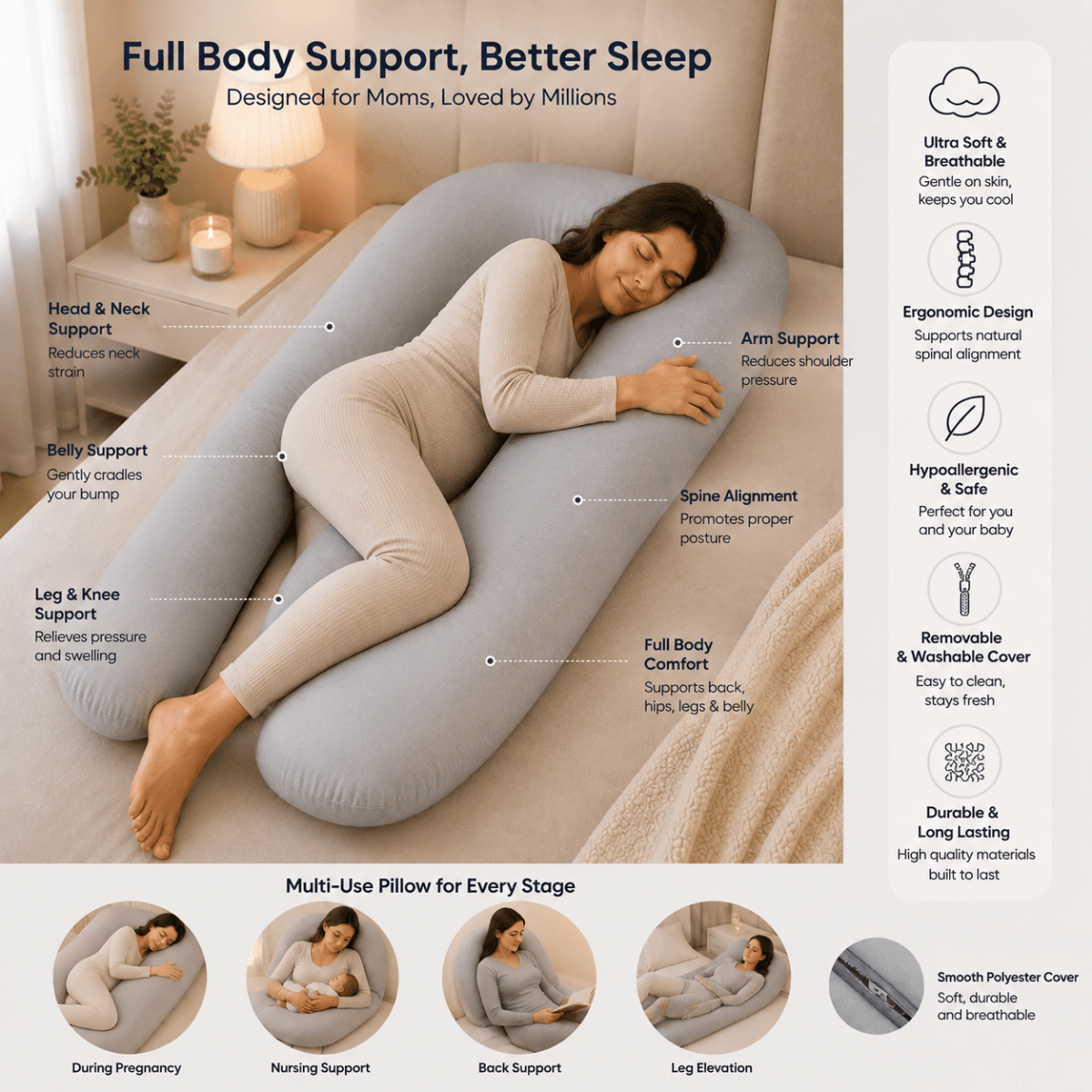 9 Ft Maternity Pillow And Case - Grey