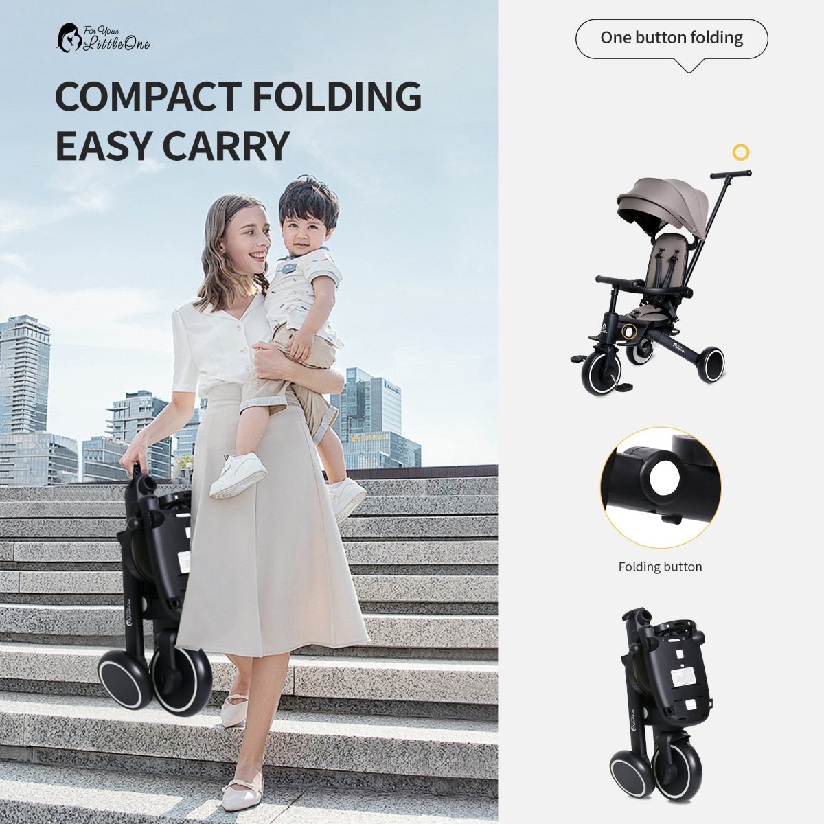 Foryourlittleone Xplor Plus 6 in 1 Foldable Trike - Jet Black (10m-4y)